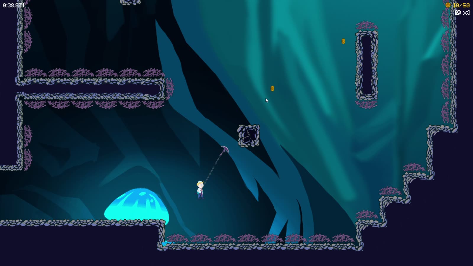 Level 3d: the player hangs from his hook, attached to a floating stone platform, below a ledge lined with thorns, with a glowing blue mushroom on the cave floor