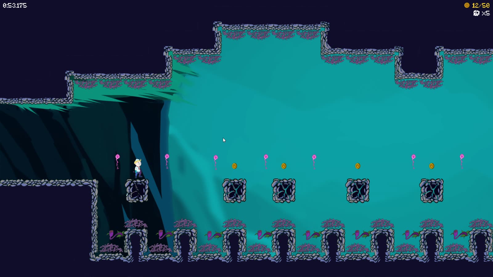 Level 3e: a row of shooter plants along the cave floor fires pink projectiles upwards while the player stands on a stone block at the edge of the room