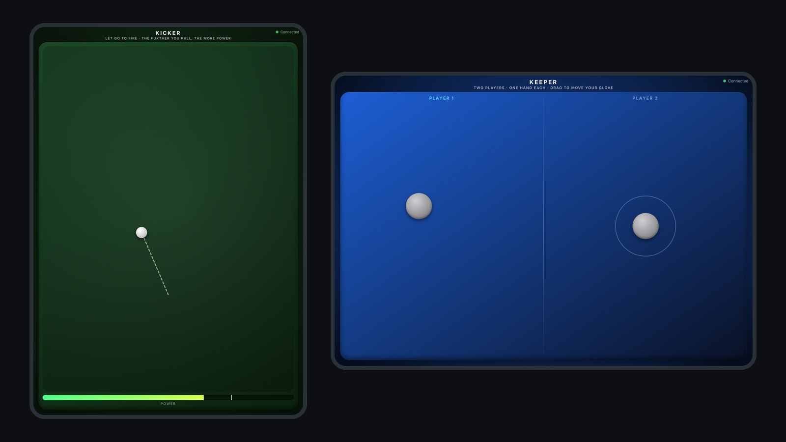 The two controller pages at iPad size. Left, the kicker page: a ball dragged up and to the left on a green pad, with a dashed aim line and a power bar filled to just under its white mark. Right, the keeper page: a blue screen split into Player 1 and Player 2 halves, each with a joystick for one glove
